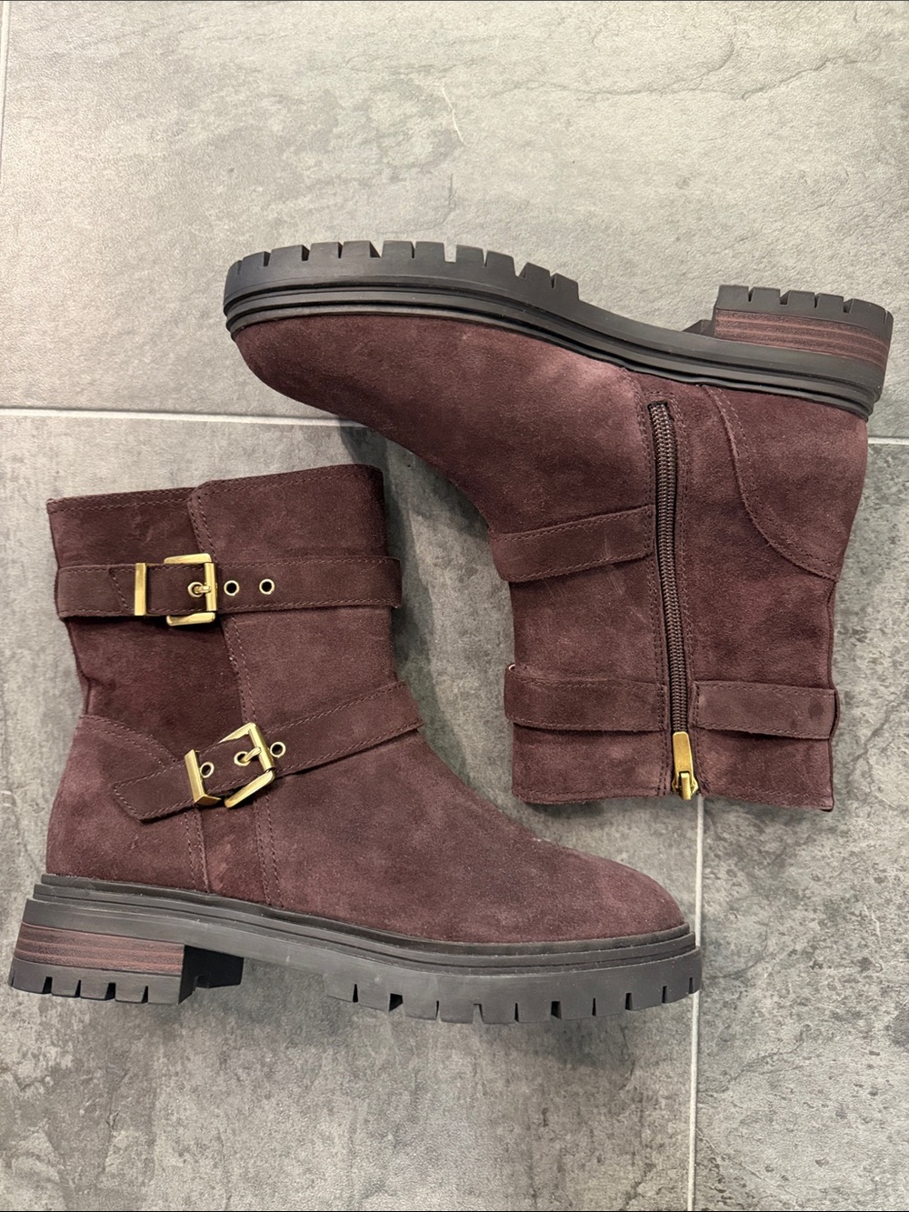 Ann Taylor Burgundy Suede Buckle Combat Boots